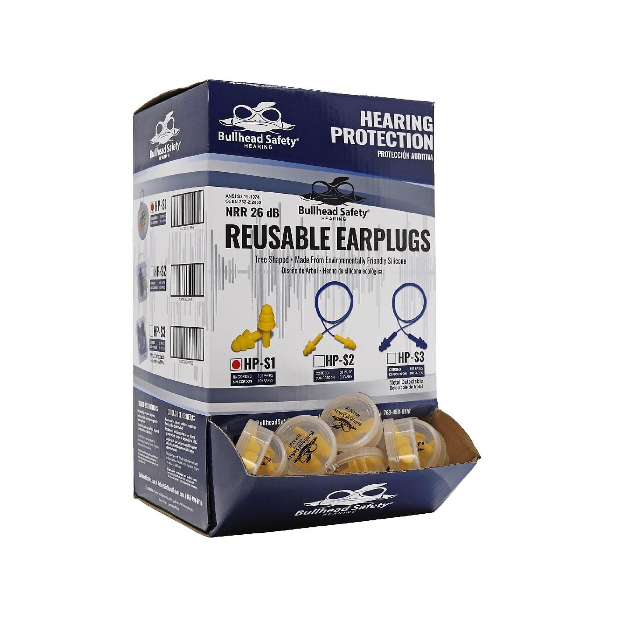 Bullhead Safety, Uncorded Reusable Silicone NRR 26 dB Earplugs - 100 Pairs, Noise Reduction Rating 26 dB, Pairs Included (qty.) 100 Model# HP-S1